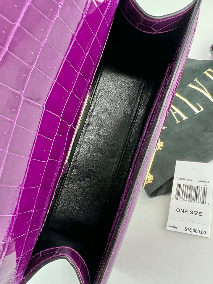 Interior view of an Exclusive Stalvey Top Handle 2.0 Alligator Bag Crossbody Luxury Bag showcasing its genuine crocodile leather.