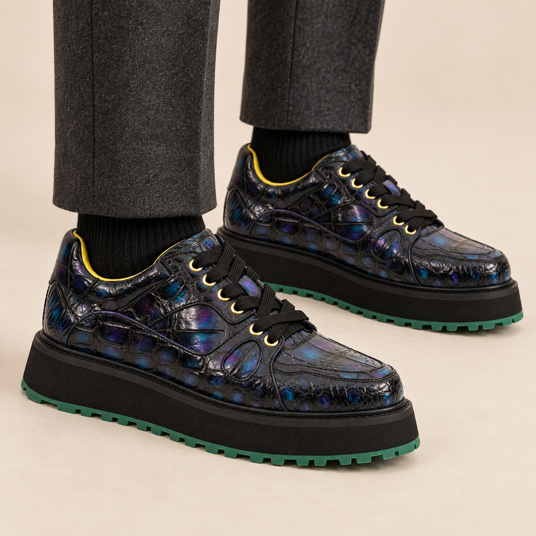 Iridescent Blue-Black Platform Apron-Toe Low-top Sneaker
