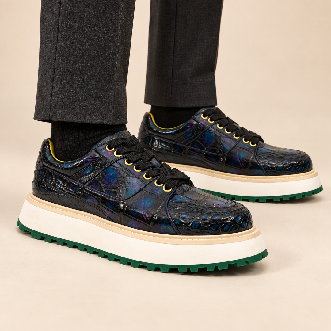 Iridescent Blue-Black Textured Platform Apron-Toe Low-top Sneaker