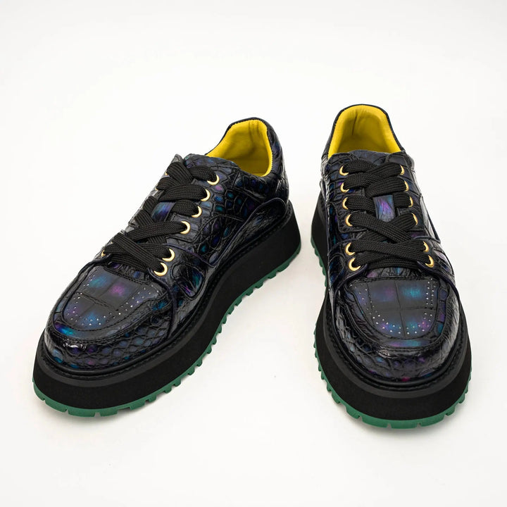 Iridescent Blue-Black Platform Apron-Toe Low-top Sneaker