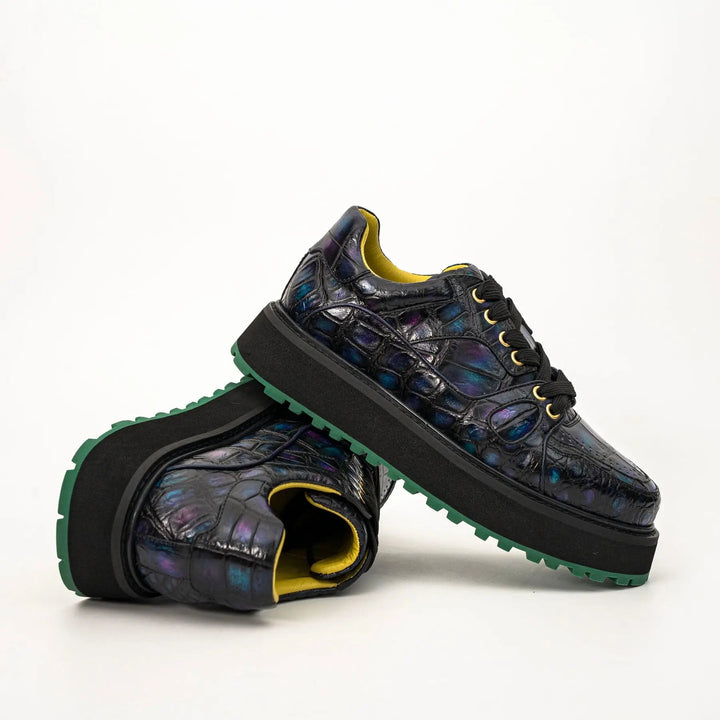 Iridescent Blue-Black Platform Apron-Toe Low-top Sneaker