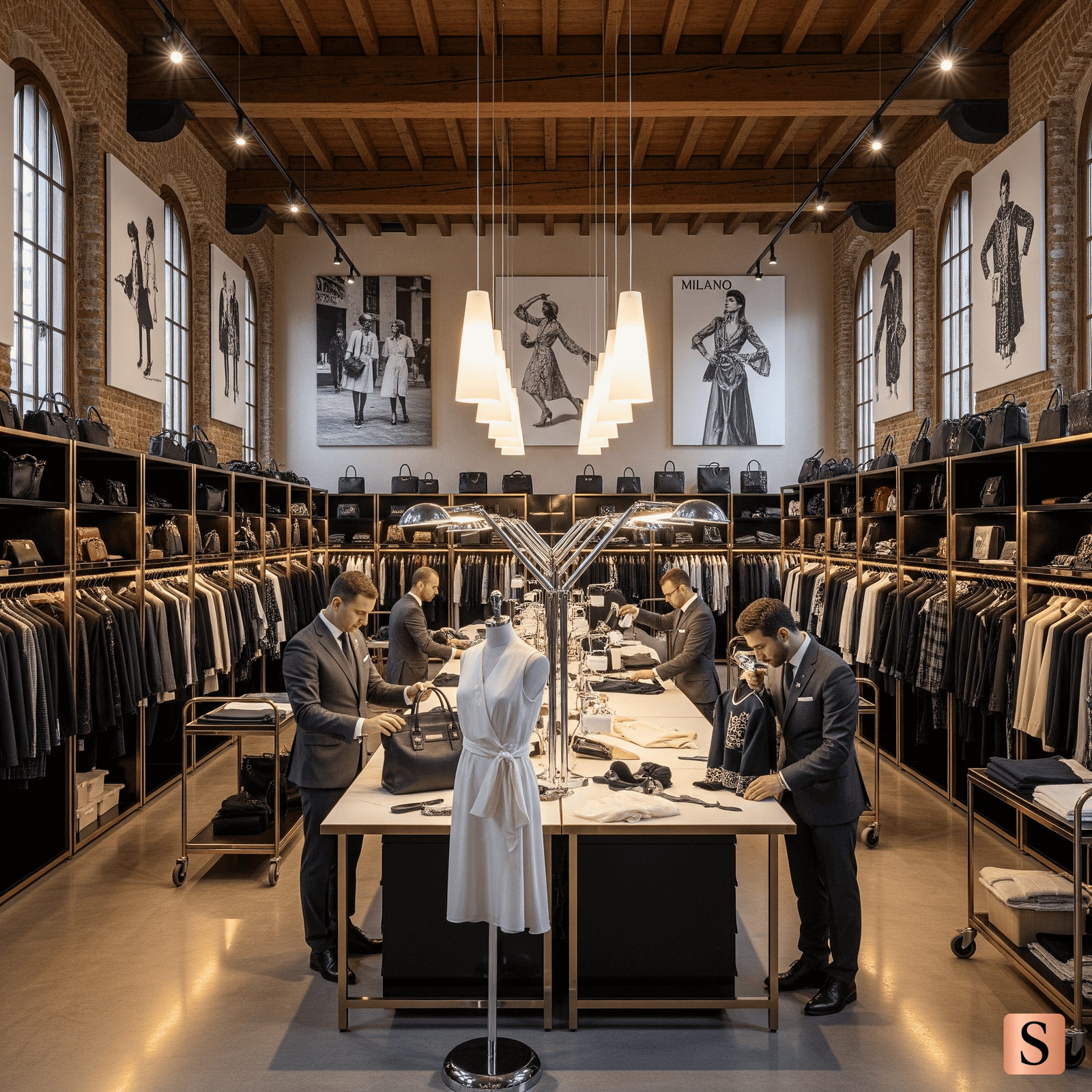 Men's clothing store with suits on mannequins and people working at a table.