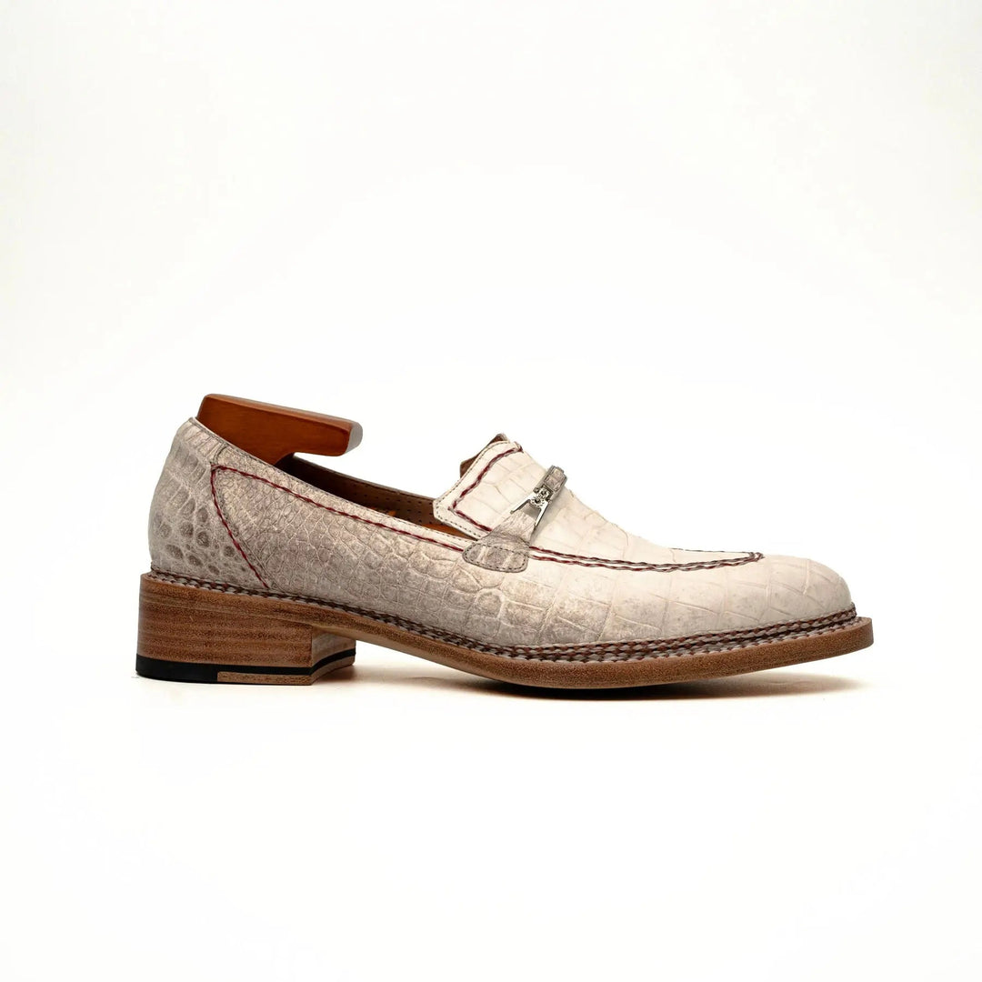 White Apron-Toe Crocodile Leather Loafers