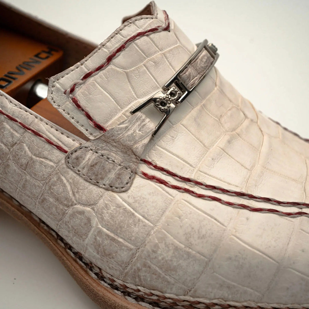 White Apron-Toe Crocodile Leather Loafers