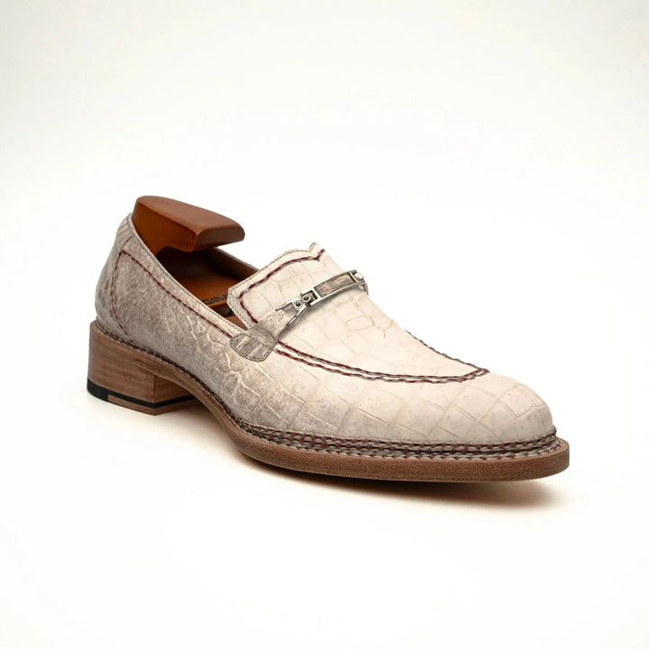 White Apron-Toe Crocodile Leather Loafers
