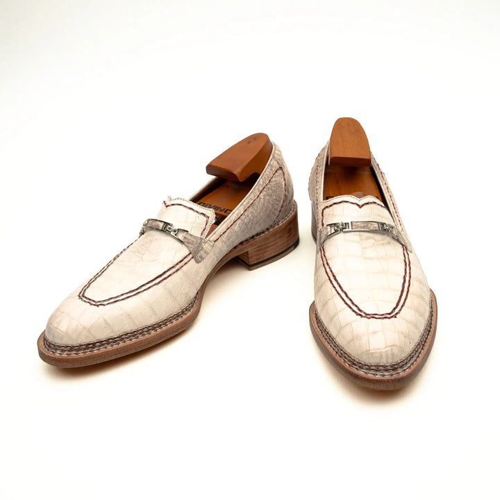 White Apron-Toe Crocodile Leather Loafers