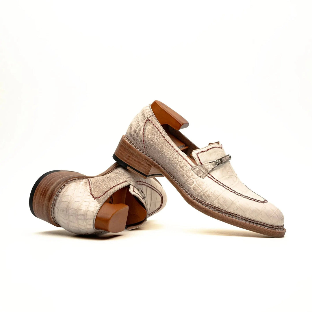 White Apron-Toe Crocodile Leather Loafers