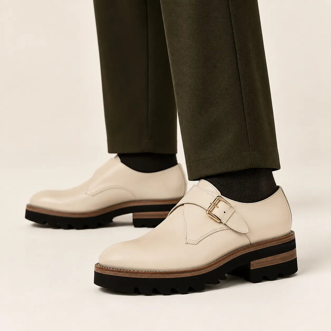 White Leather Monk Strap Shoes with Chunky Soles