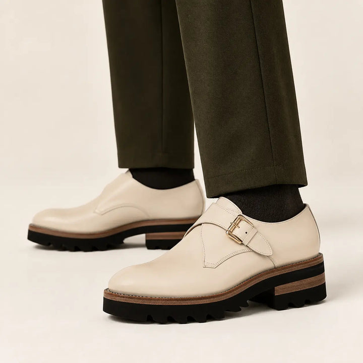 White Leather Monk Strap Shoes with Chunky Soles