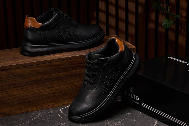 CALTO - J1580  - 2.6 Inches Taller (Black/Black Sole) - Lightweight Casual Walkers