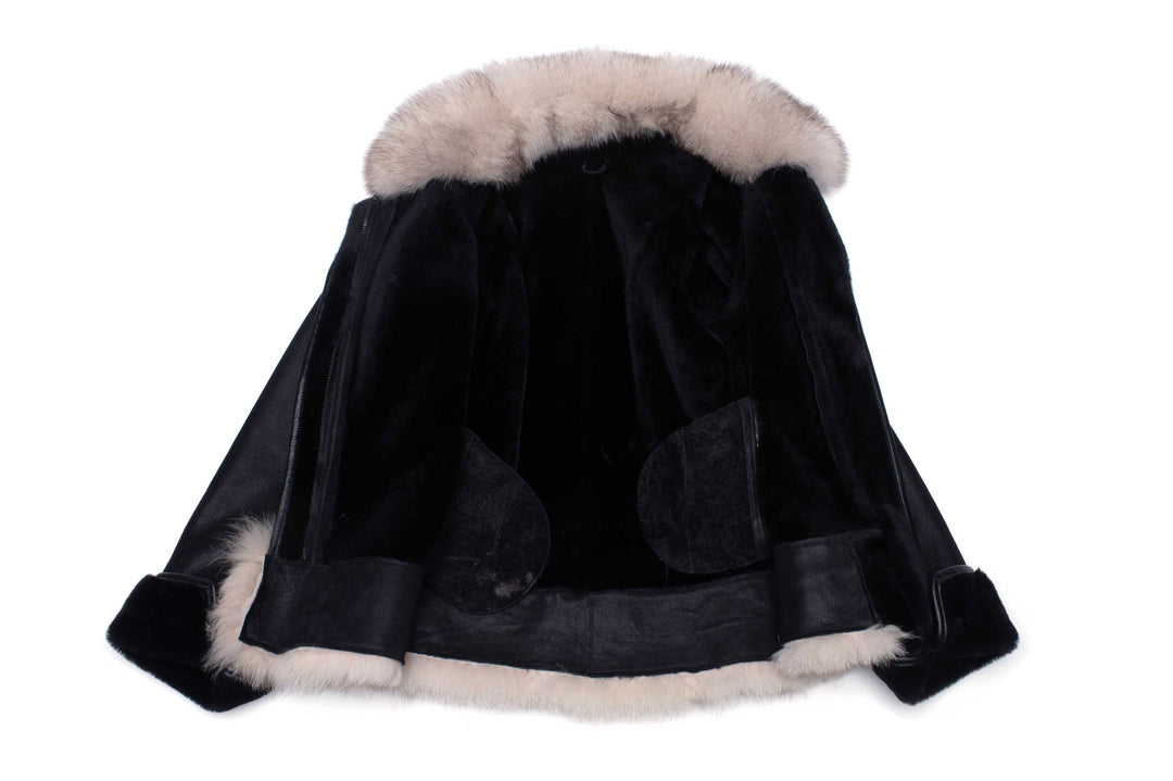 Cecily’s Black Shearling Sheepskin Jacket with Fox Fur Trim