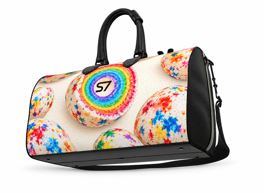 Rainbow jawbreaker cross-section with centered black S7 monogram