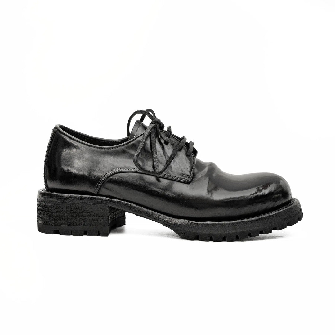 Black Plain-Toe Horse Butt Leather Derby Shoes