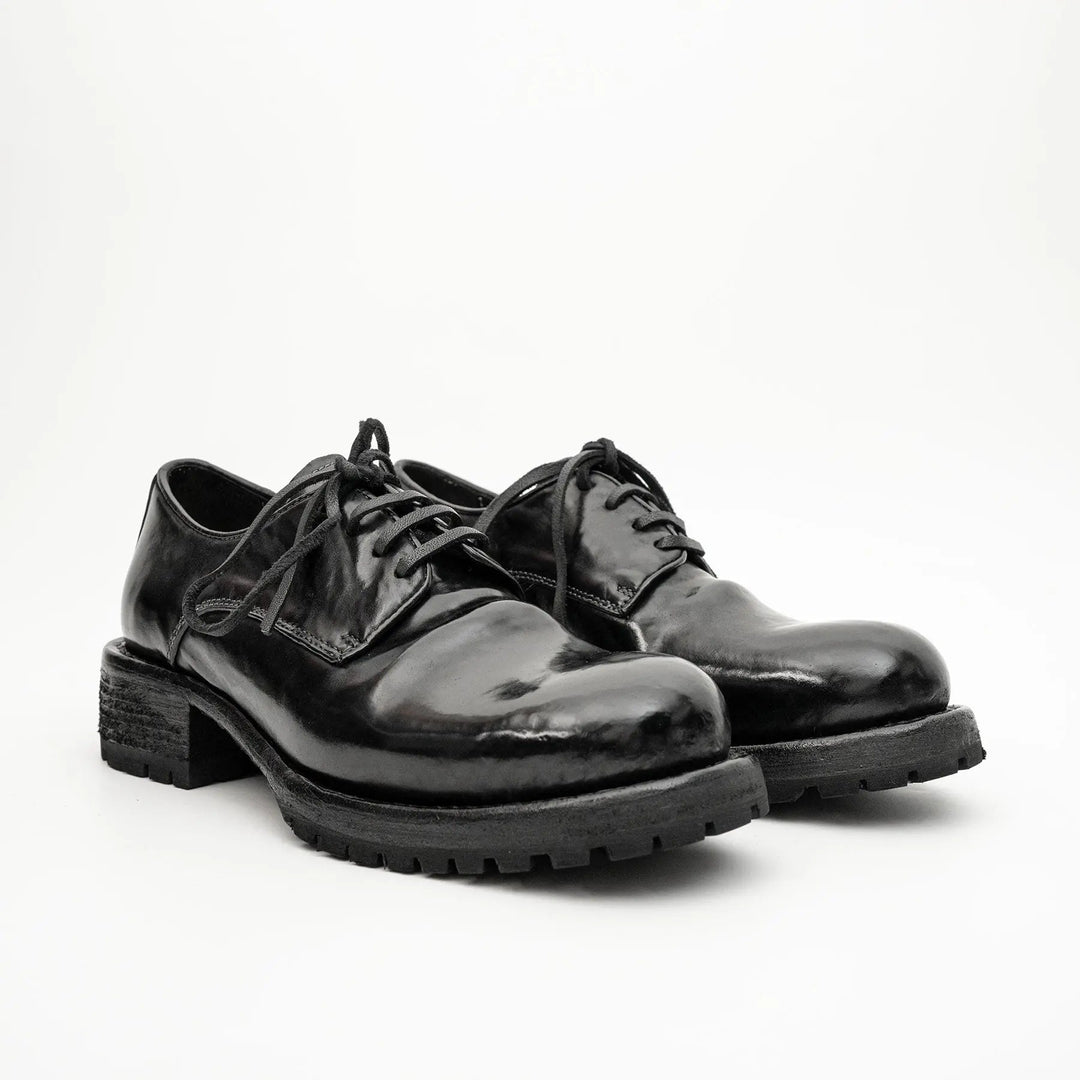 Black Plain-Toe Horse Butt Leather Derby Shoes