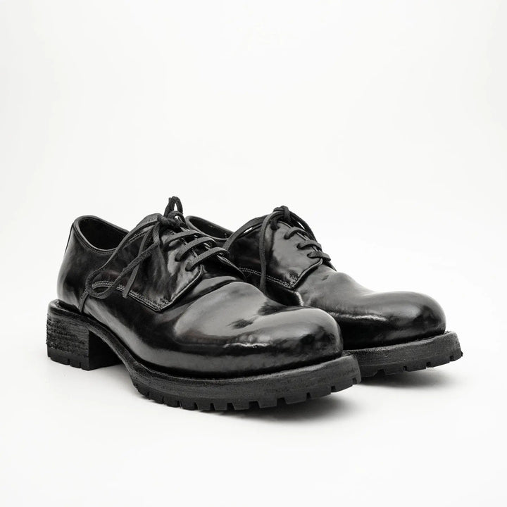 Black Plain-Toe Horse Butt Leather Derby Shoes