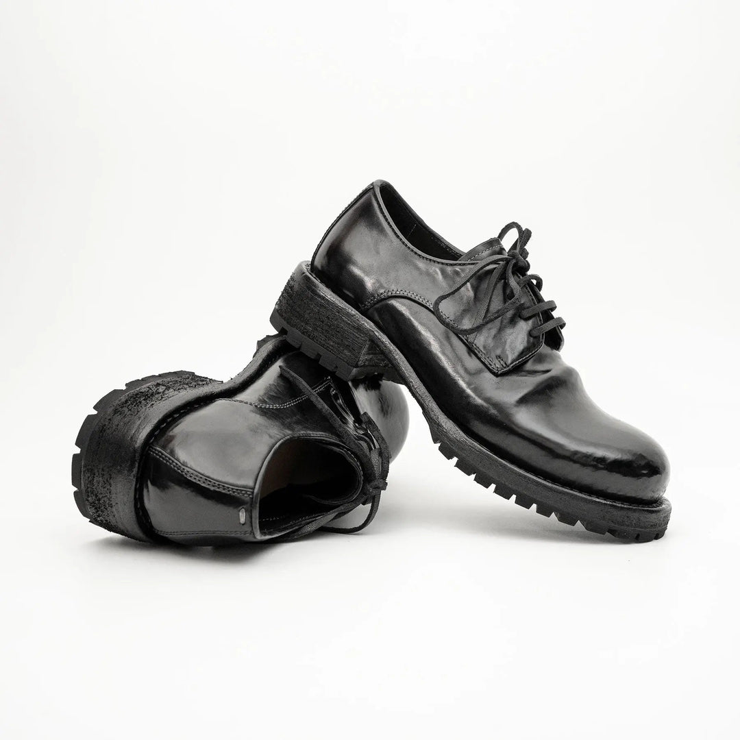 Black Plain-Toe Horse Butt Leather Derby Shoes