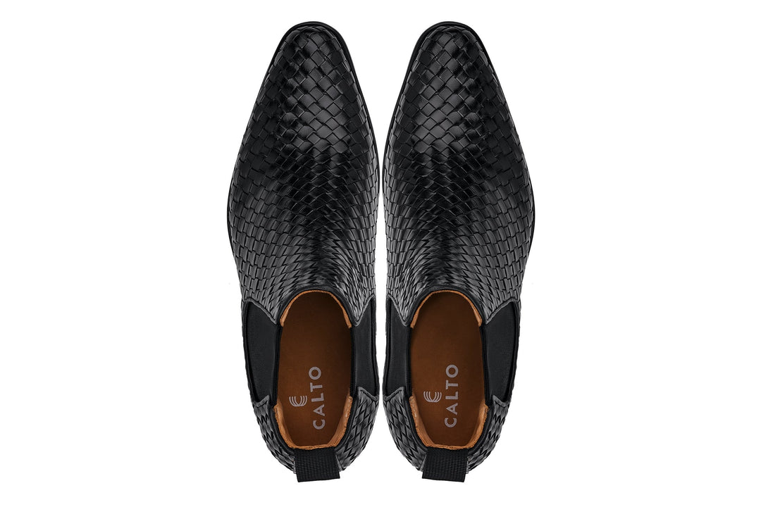 CALTO - K30521 - 3.3 Inches Taller (Black) - Woven Slip-On High-Top Chelsea Ankle Boots