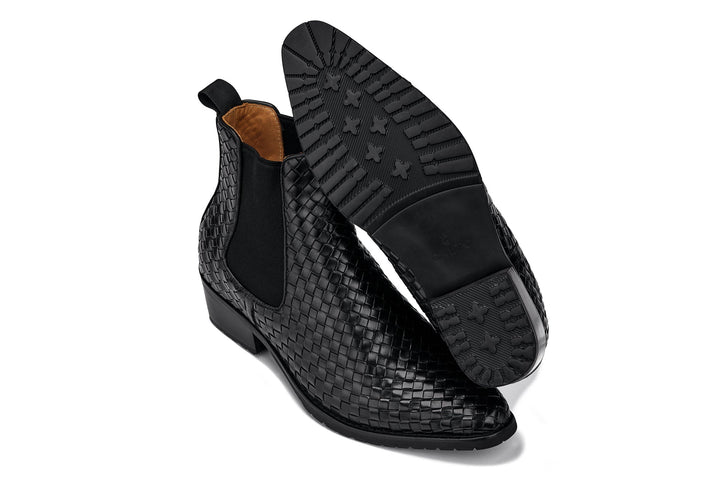 CALTO - K30521 - 3.3 Inches Taller (Black) - Woven Slip-On High-Top Chelsea Ankle Boots