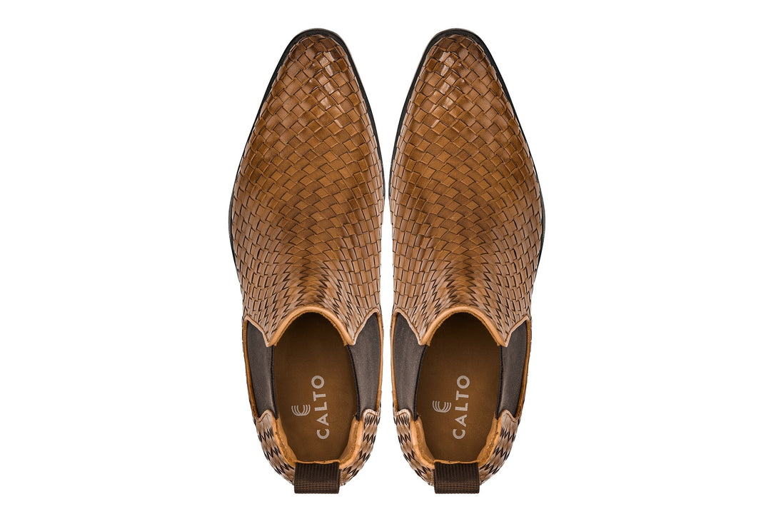 CALTO - K30522 - 3.3 Inches Taller (Brown) - Woven Chelsea High-Top Slip-On Ankle Boots