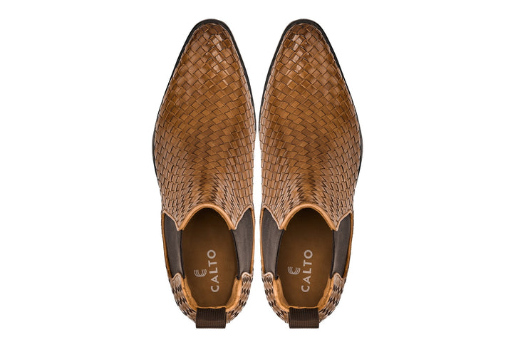 CALTO - K30522 - 3.3 Inches Taller (Brown) - Woven Chelsea High-Top Slip-On Ankle Boots