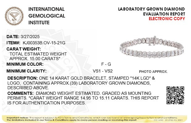 IGI Certified 14K White Gold 15.0 Cttw Oval Cut Lab Grown Diamond Tennis Bracelet
