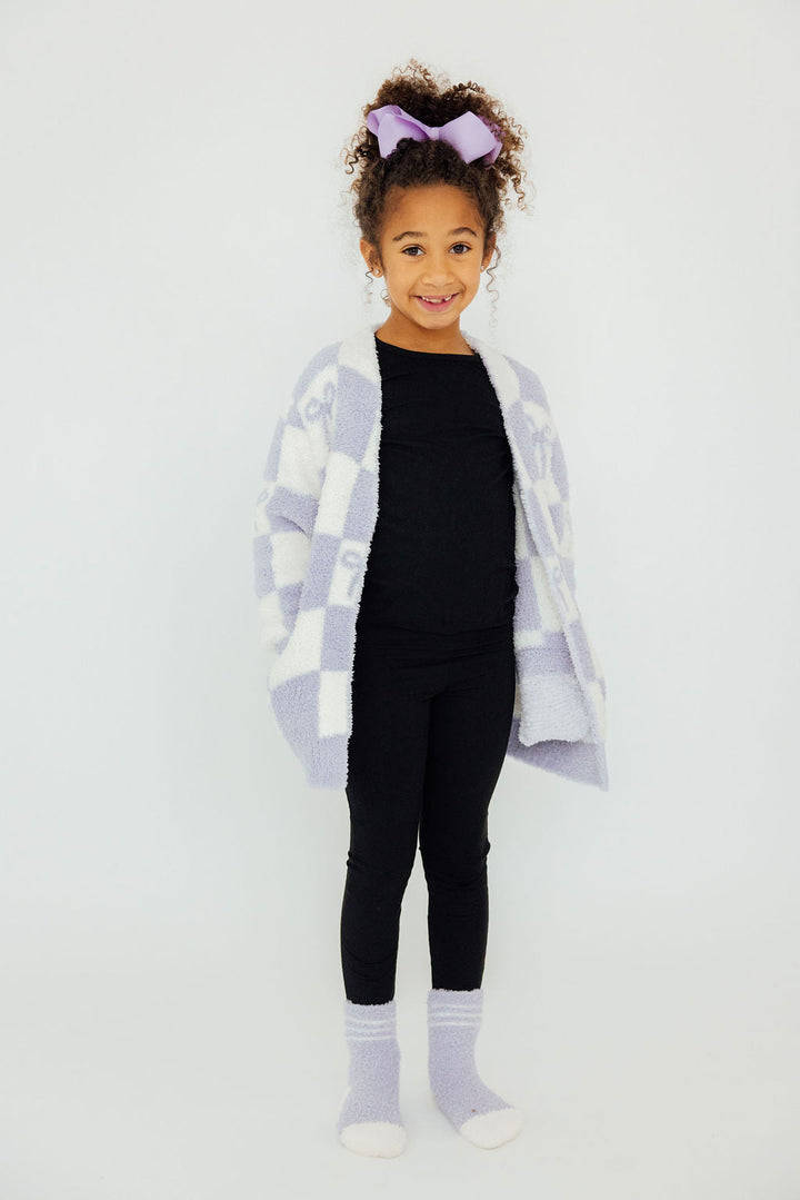 Lavender Checker Bow Cozy Cardigan