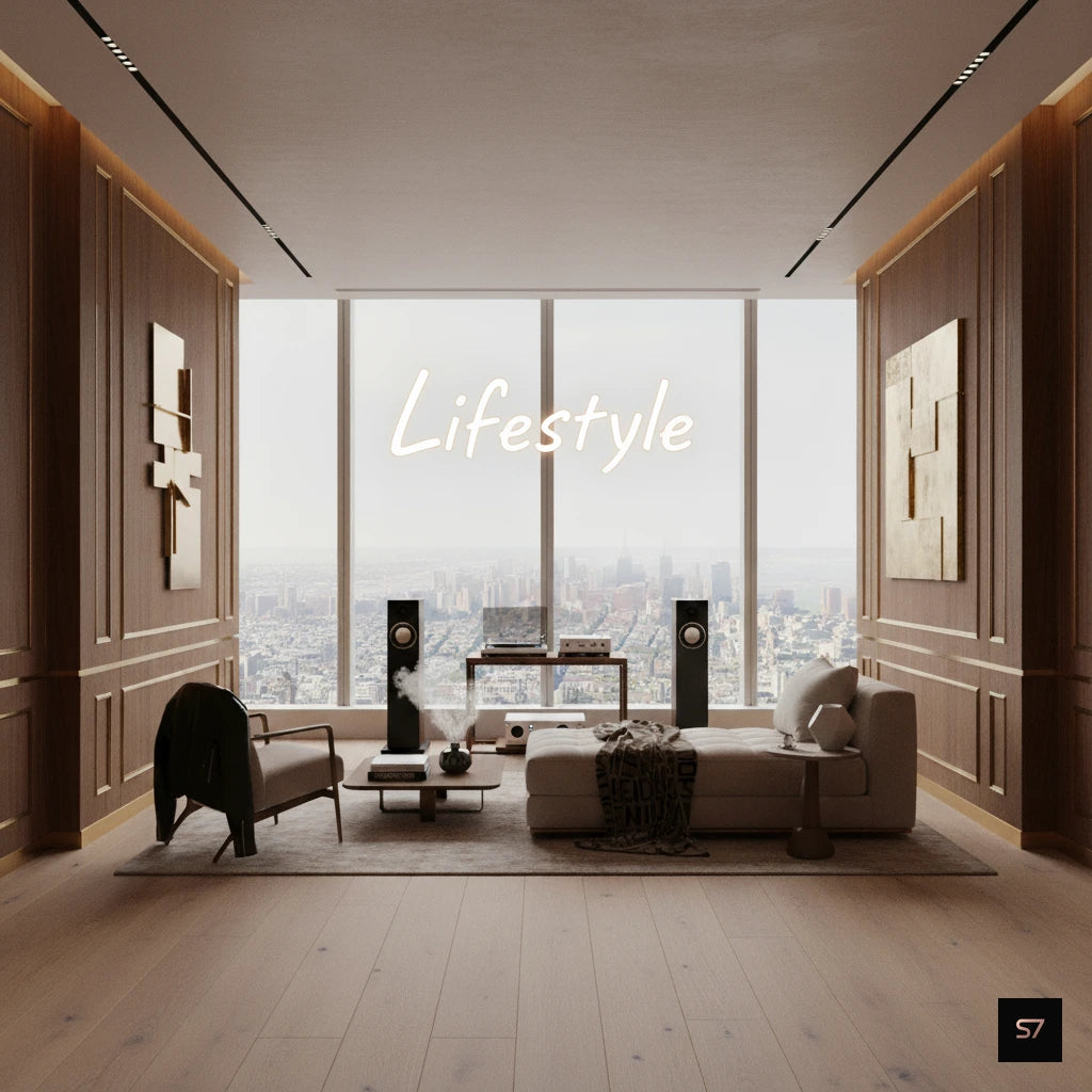 Modern living room with large windows and 'Lifestyle' text overlay