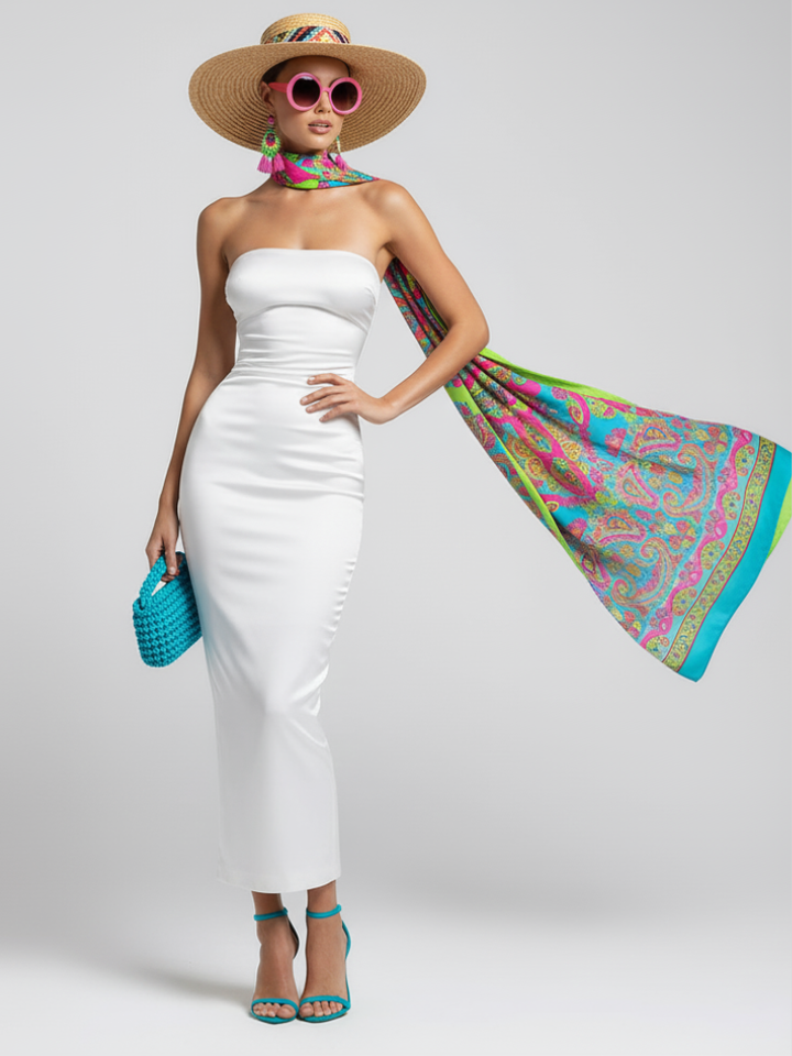 Long Skirt Dress With Asymmetric Style And Slim Fit Design For Women, White, Tribeca, BYMANYC New York.