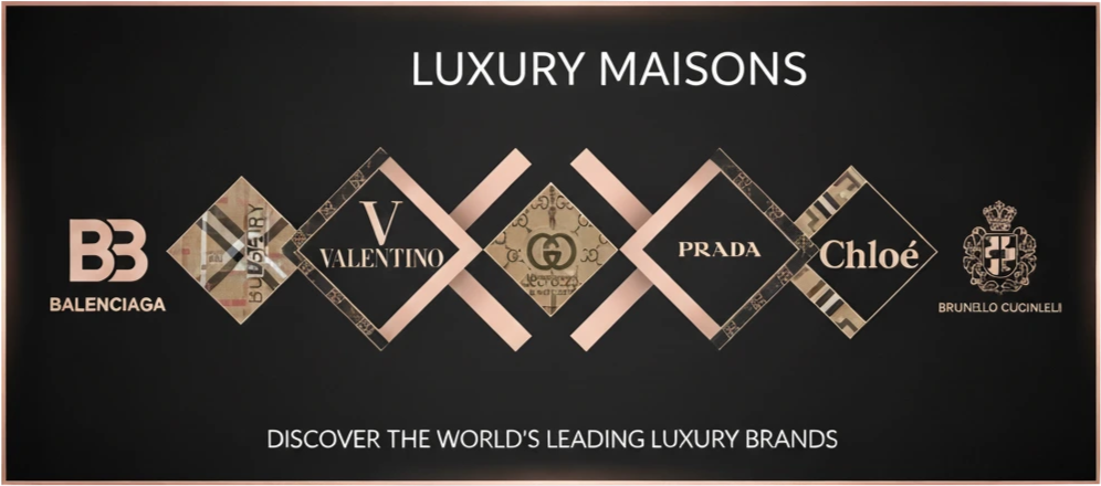 Promotional banner for luxury brands including Balenciaga, Valentino, Prada, and Chloe on a black background.