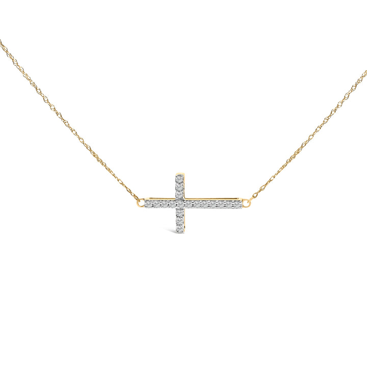 10K Yellow Gold 1/5 Cttw Diamond Sideways Cross Pendant Necklace