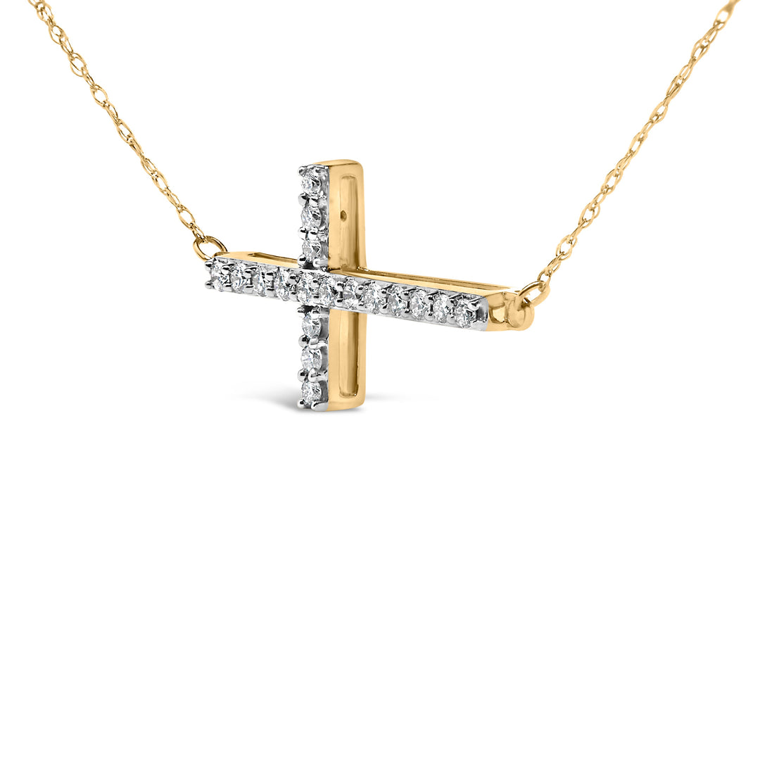 10K Yellow Gold 1/5 Cttw Diamond Sideways Cross Pendant Necklace