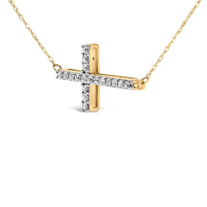 10K Yellow Gold 1/5 Cttw Diamond Sideways Cross Pendant Necklace