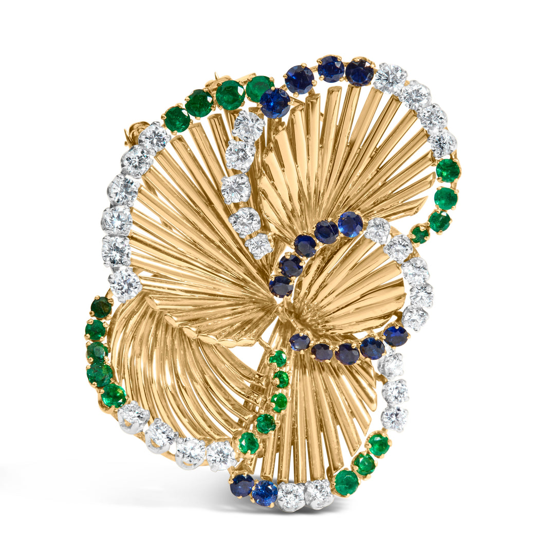 18K Yellow Gold 2 1/3 Cttw Diamond, Sapphire, and Emerald Sculpted Petal Brooch Pin (G-H Color, VS1-VS2 Clarity)