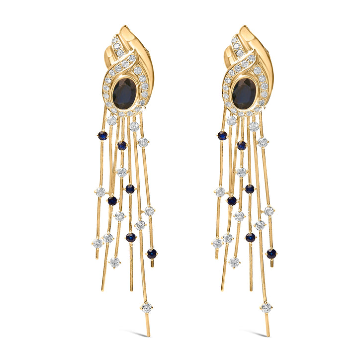 14K Yellow Gold 1.0 Cttw Diamond and Blue Sapphire Chandelier Earrings