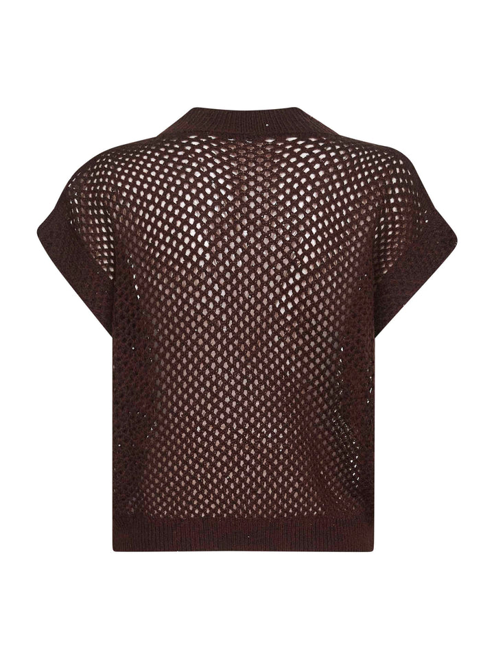 Brunello Cucinelli Women Brown Dazzling Mesh V-Neck Sweater