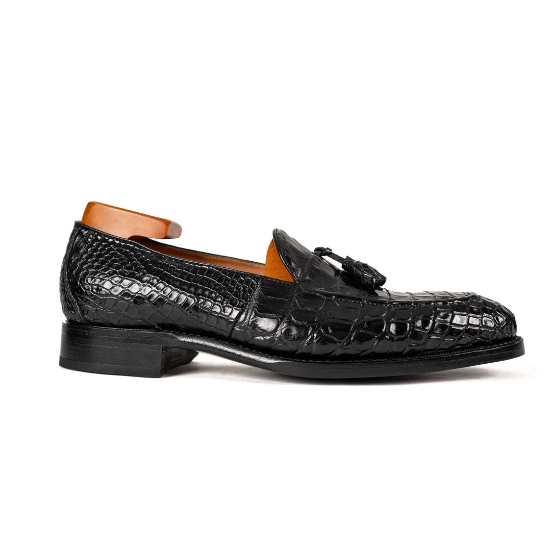 Black Crocodile Loafers with Tassels