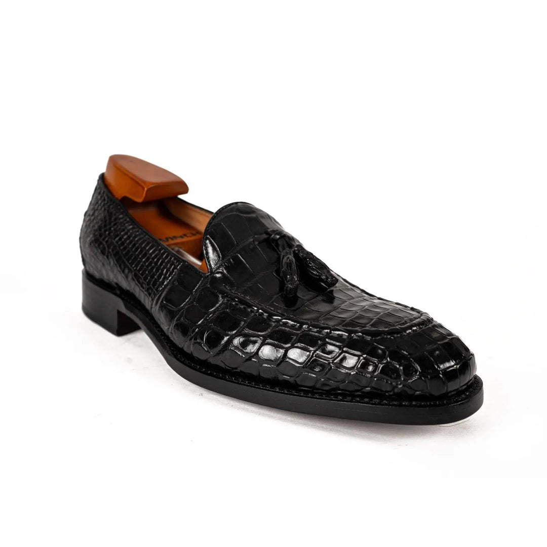 Black Crocodile Loafers with Tassels