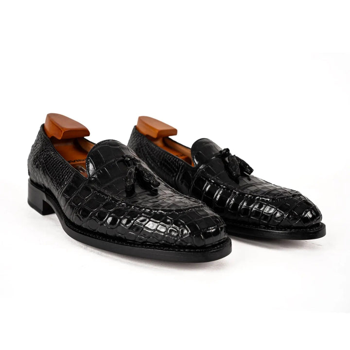 Black Crocodile Loafers with Tassels