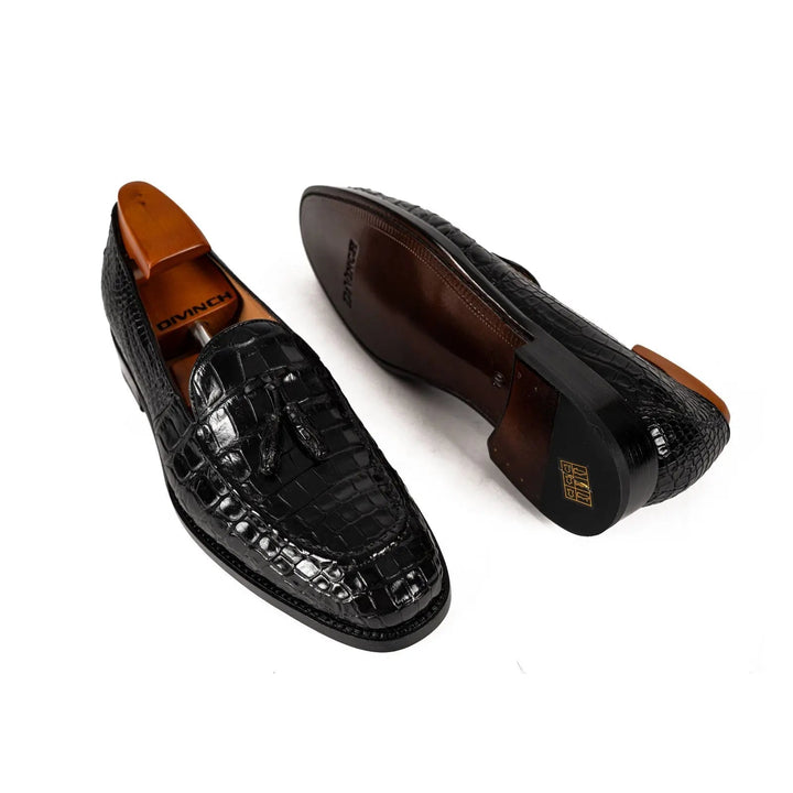 Black Crocodile Loafers with Tassels
