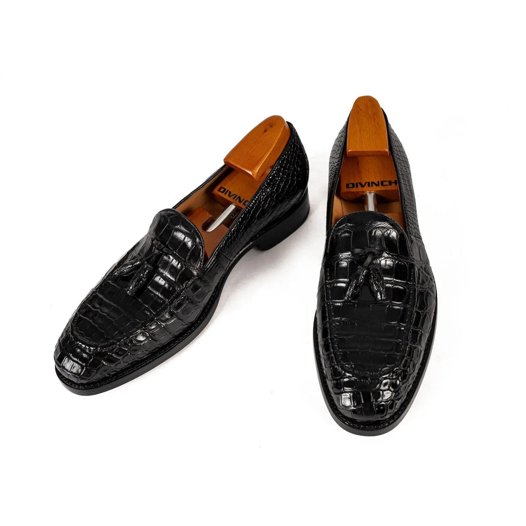 Black Crocodile Loafers with Tassels