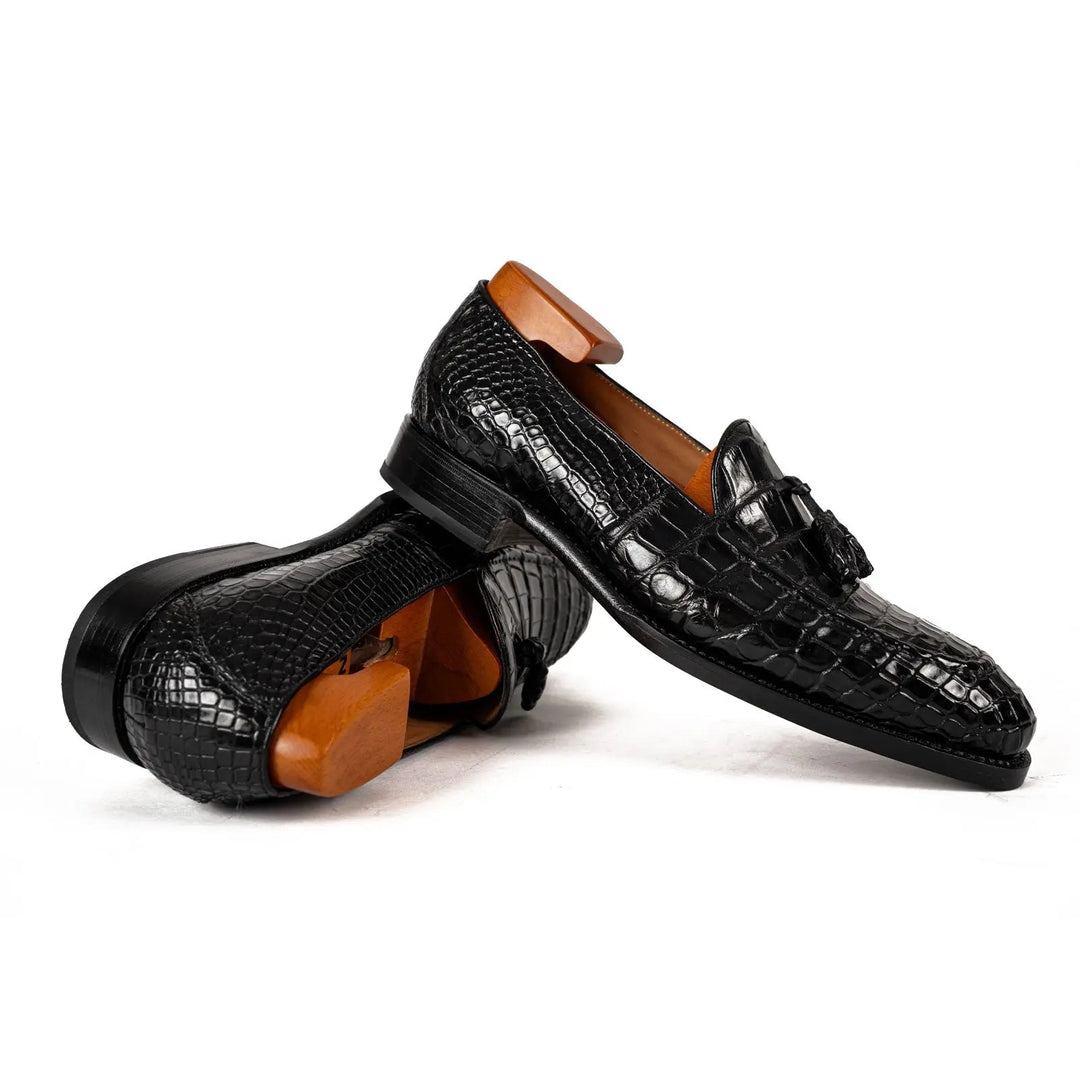 Black Crocodile Loafers with Tassels