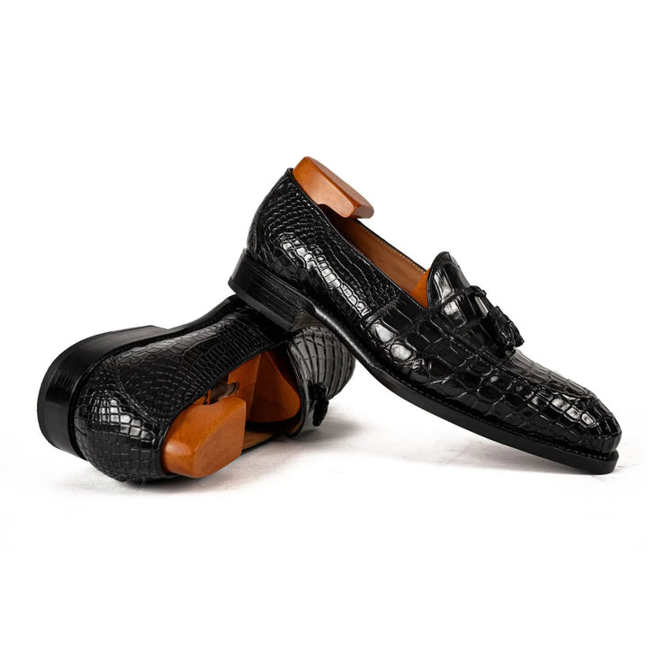 Black Crocodile Loafers with Tassels