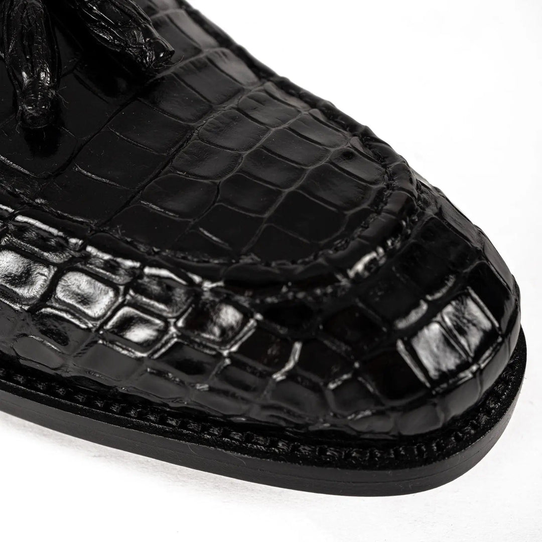 Black Crocodile Loafers with Tassels