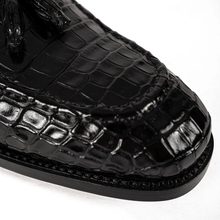 Black Crocodile Loafers with Tassels