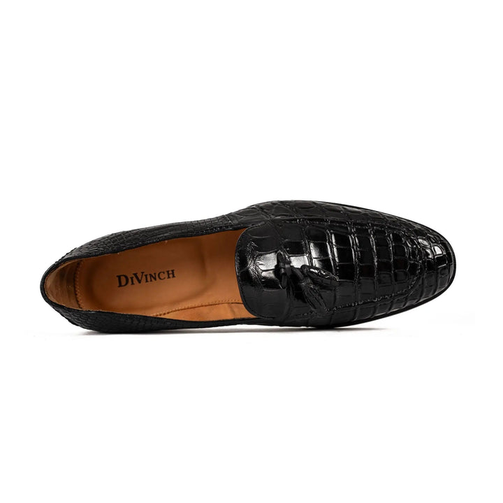 Black Crocodile Loafers with Tassels