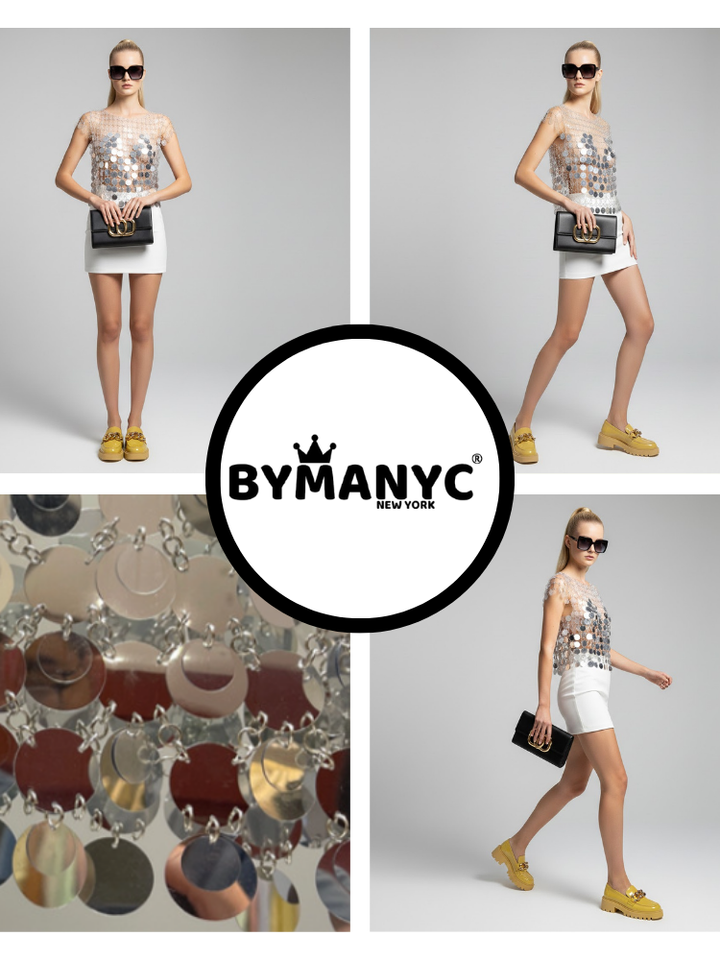 Metallic Chainmail Top with Silver Mirror Discs • BYMANYC ® New York