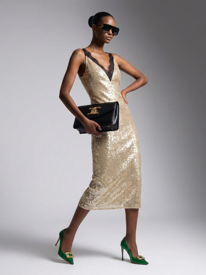 Midi Dress New Collection BYMANYC ® New York • Champagne Gold Sequins &amp; Lace