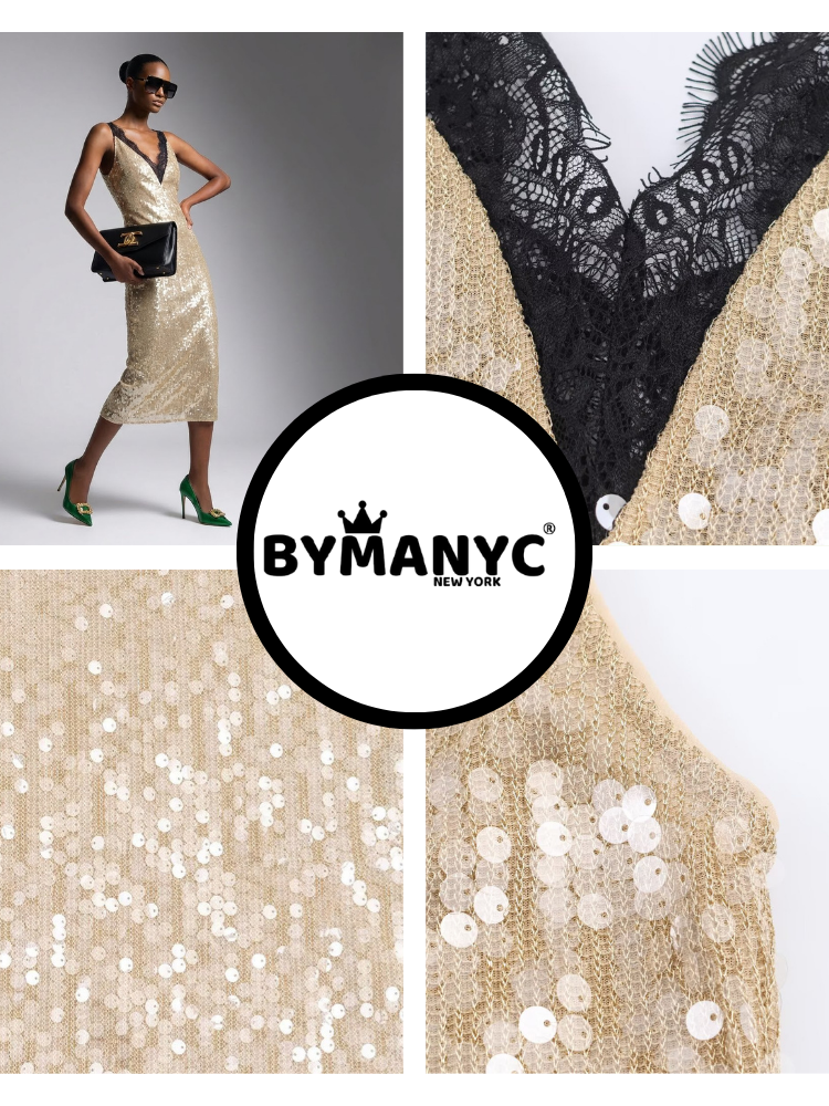 Midi Dress New Collection BYMANYC ® New York • Champagne Gold Sequins &amp; Lace