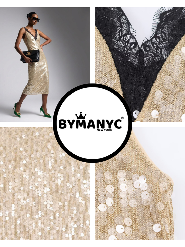 Midi Dress New Collection BYMANYC ® New York • Champagne Gold Sequins &amp; Lace