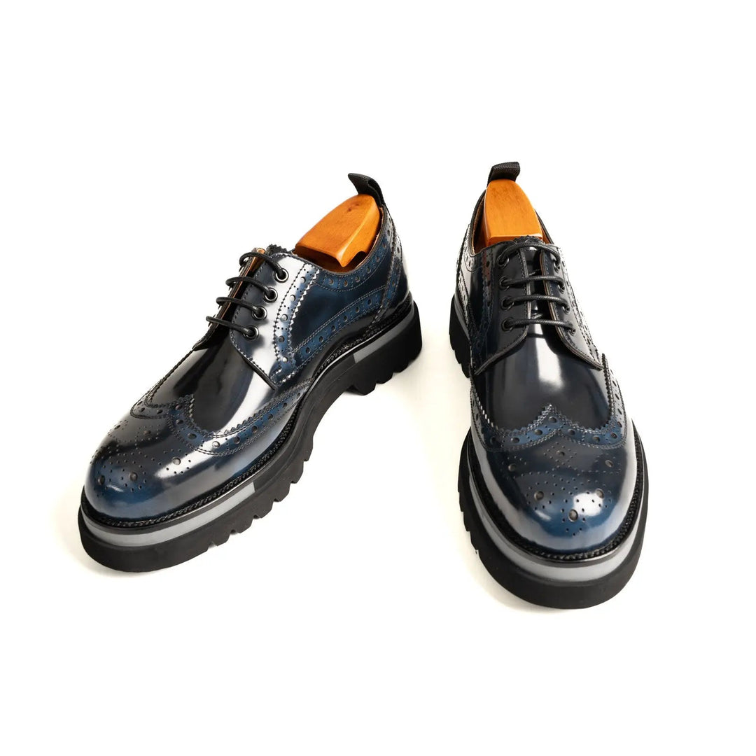 Blue-Black Wingtip Calf Leather Derby Shoes